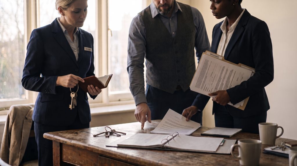 Trois personnes : Concierge hotel, manager et RH en discussion