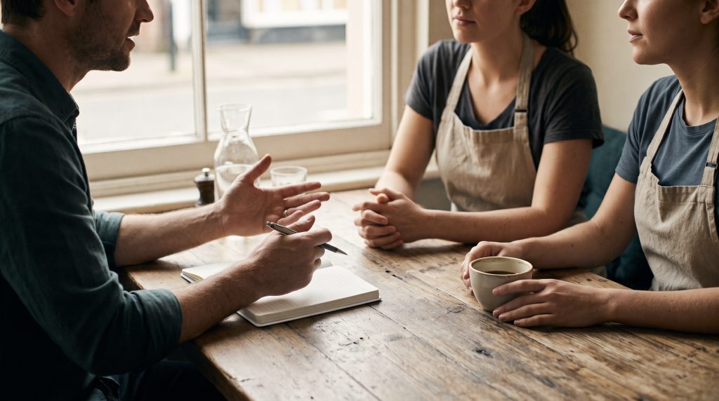 Entretien entre un manager et deux employés En Cadence