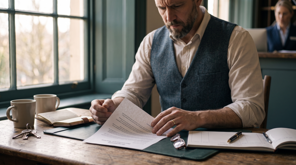 Rh homme entrain de lire un document juridique assis sur un bureau