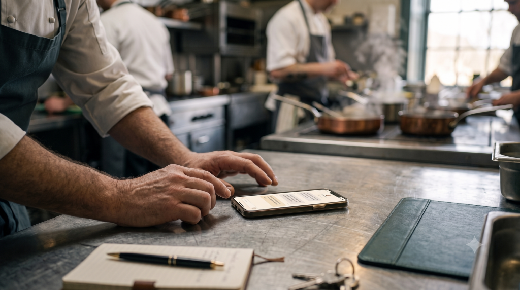 mains d'un cuisinier qui tapent sur un smartphone une recherche sur un moteur d'IA dans une cuisine de restuarant.