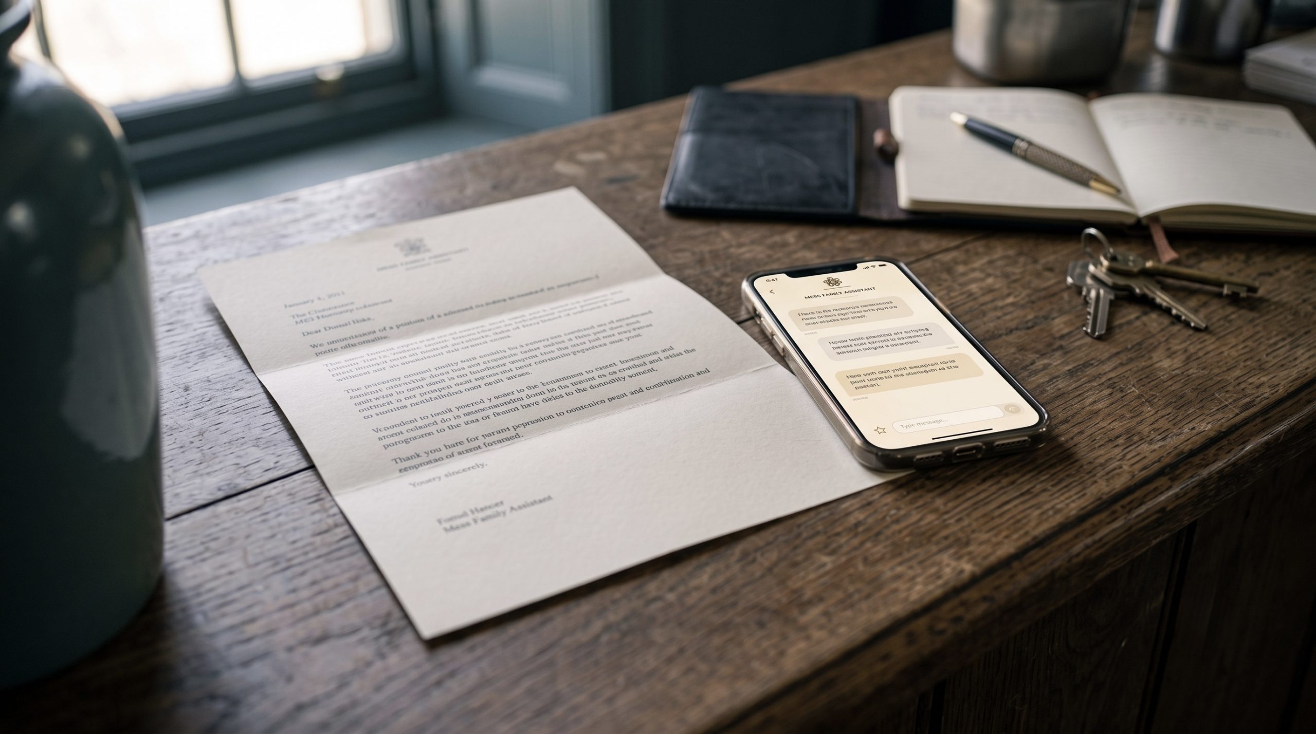 Document juridique avec téléphone en recherche sur une IA, un carnet et un stylo sur un bureau