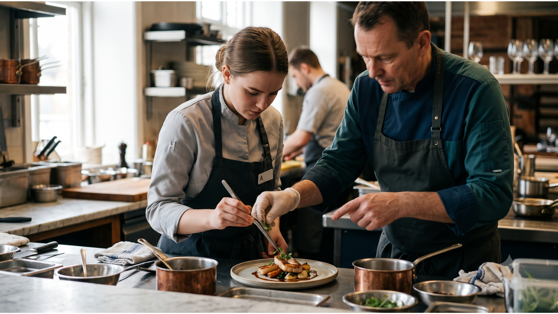 Un chef cuisinier encadre une apprentie lors du dressement d'un plat en cuisine