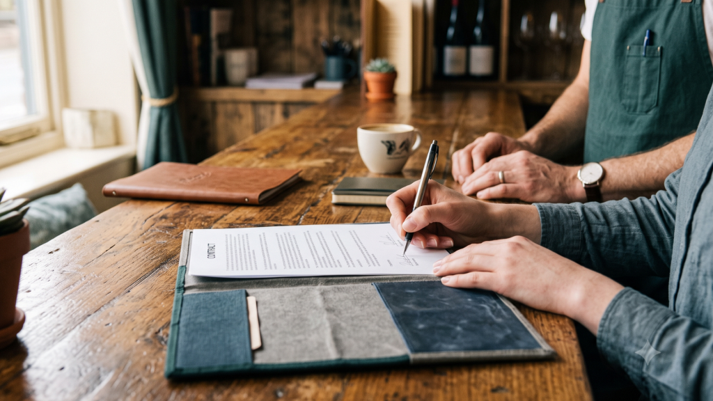 Signature d'un contrat d'apprentissage entre une jeune alternante et son employeur