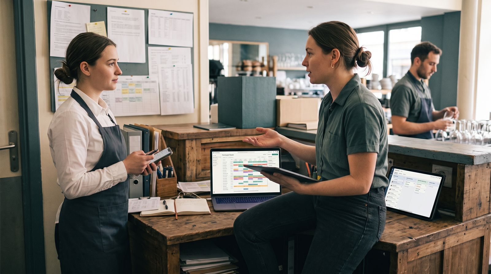 Deux responsables en restauration échangeant sur l'organisation des plannings devant un ordinateur portable et une tablette